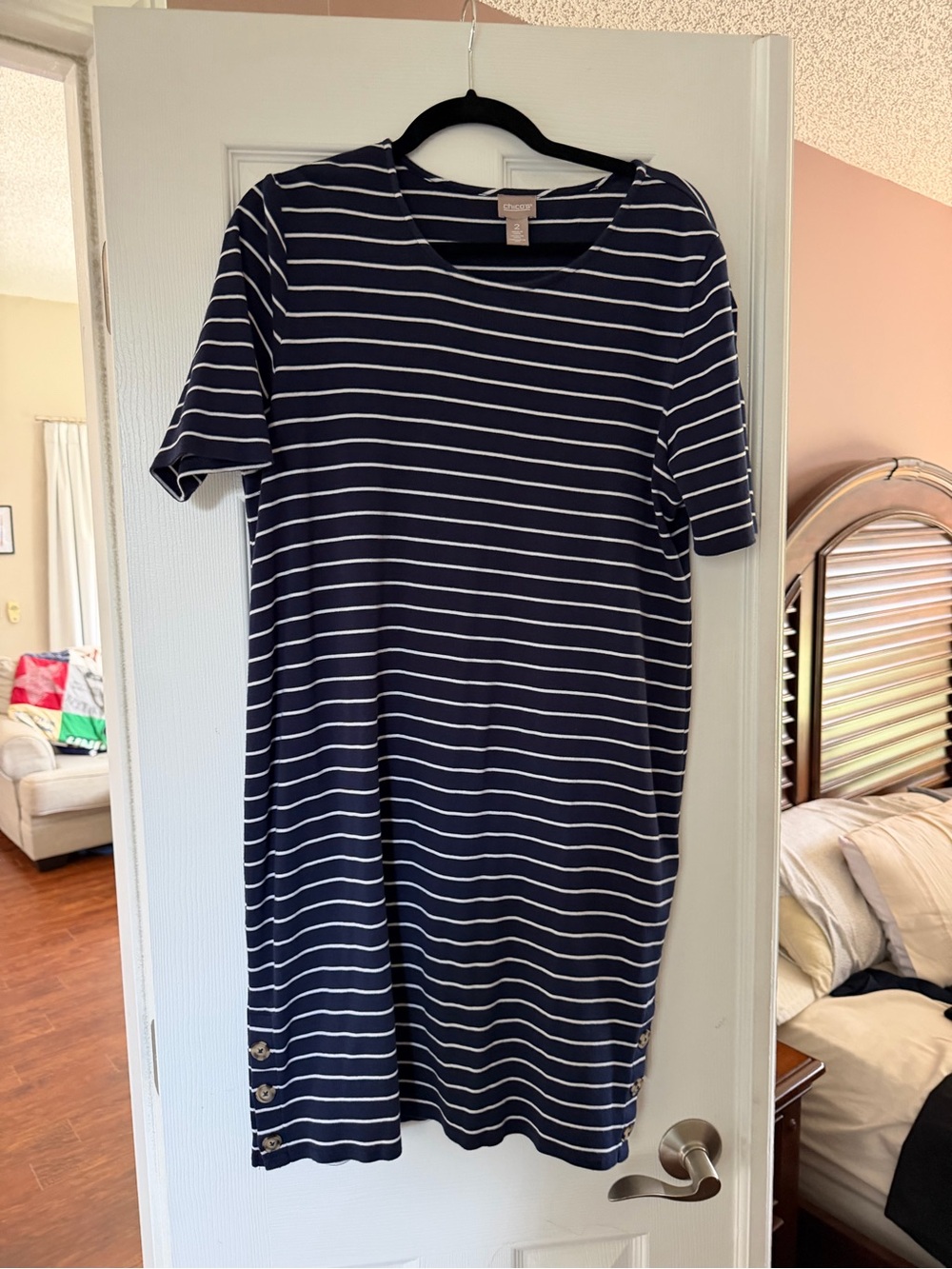 Chico's Navy and White Striped Knit T-Shirt Dress